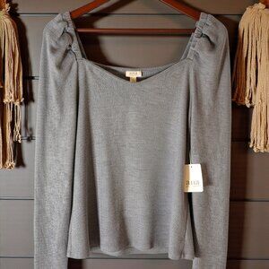 NWT a.n.a. Square Neck Ribbed Knit Top–Heather Gray Soft Romantic Long Sleeve L